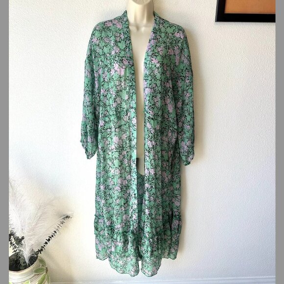 Anthropologie Muche Et Muchette M-L Green Floral Ruffled Duster Kimono Cover Up - Picture 2 of 12